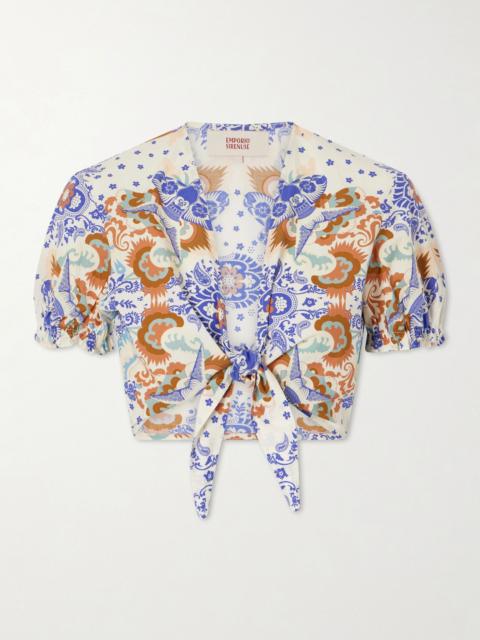 EMPORIO SIRENUSE Poppy knotted printed cotton-poplin cropped top Purple