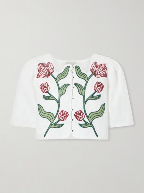 FARM RIO Floral-embroidered Cropped Linen Top