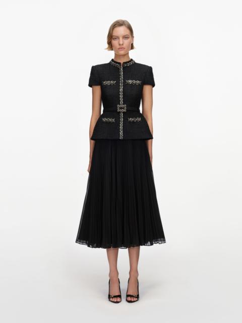 self-portrait Black Boucle Crystal Trim Chiffon Midi Dress