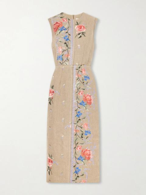 Erdem Embroidered Linen-canvas Midi Dress