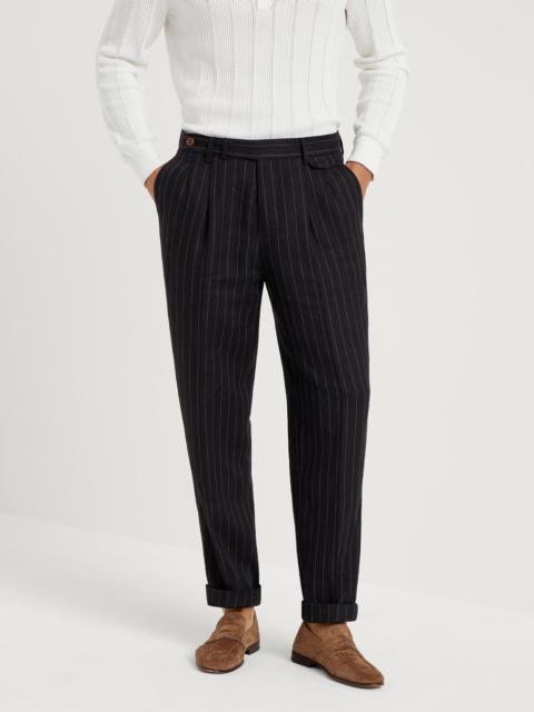 Linen chalk stripe leisure fit trousers with double pleats and tabbed waistband