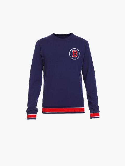 Balmain Navy blue cotton sweater with embroidered red and white Balmain logo
