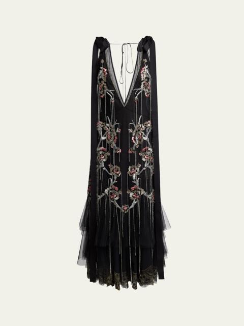 Erdem Floral Crystal Chain Slip Cocktail Dress