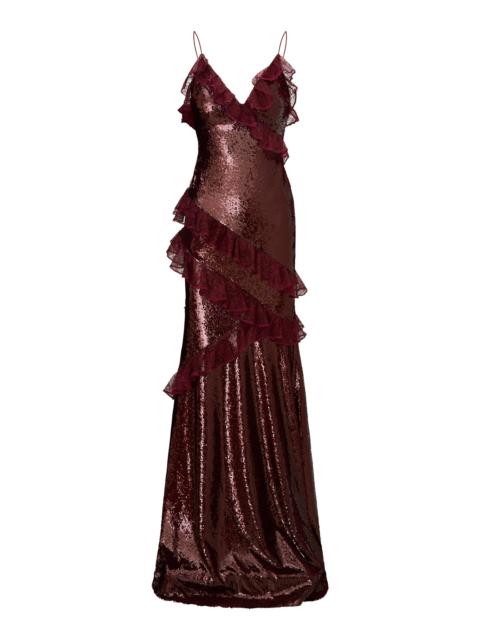LoveShackFancy Rialto Ruffled Lace-Trimmed Sequined Maxi Dress burgundy