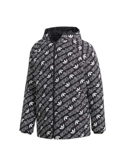 adidas originals Monogram JKT Full Print logo Reversible Stay Warm hooded down Jacket Black White DP