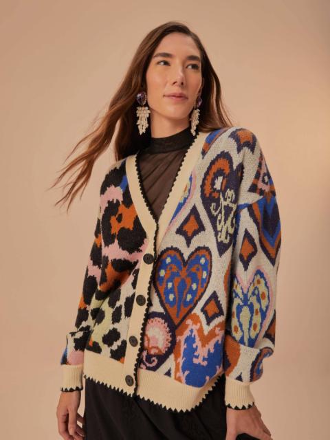 FARM RIO Mixed Ikat Hearts Knit Cardigan