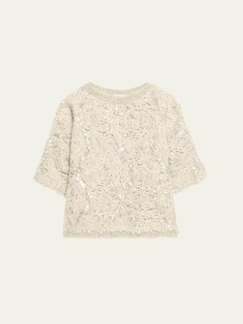Pailette Mohair-Wool Short-Sleeve Sweater