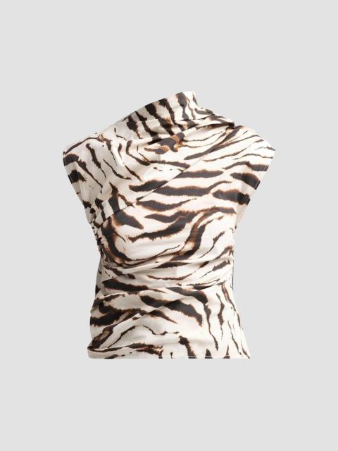 GANNI Women's Tiger Print Stretch Cotton Ruched Top - Egret