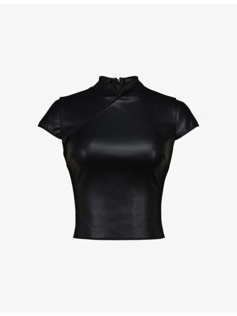 House of CB Bobbi Mandarin-Collar Vegan-Leather Top