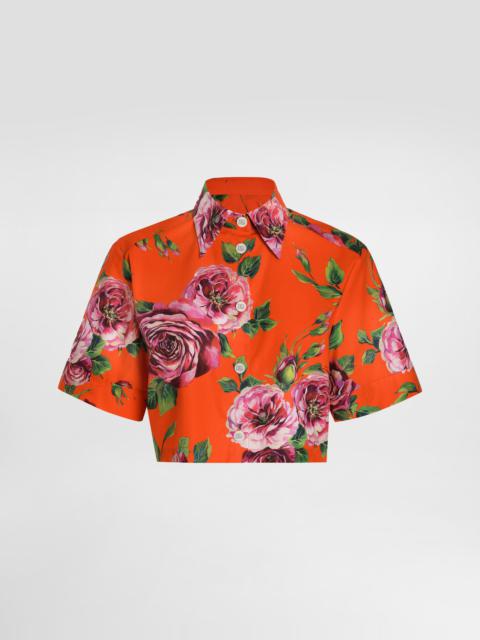 Short cotton shirt with antique rose print