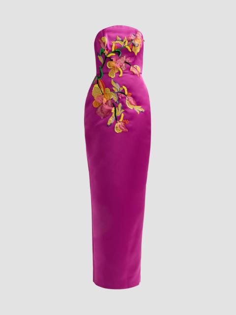AMSALE Women's Floral Satin Strapless Column Gown - Magenta