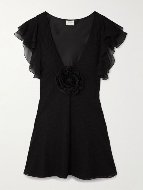 SAINT LAURENT Appliquéd broderie anglaise cotton-blend voile mini dress Black