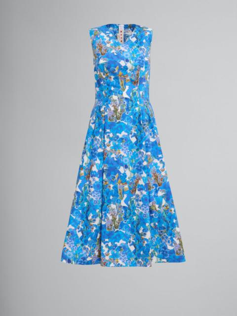 BLUE COTTON A-LINE DRESS WITH COLLAGE PRINT