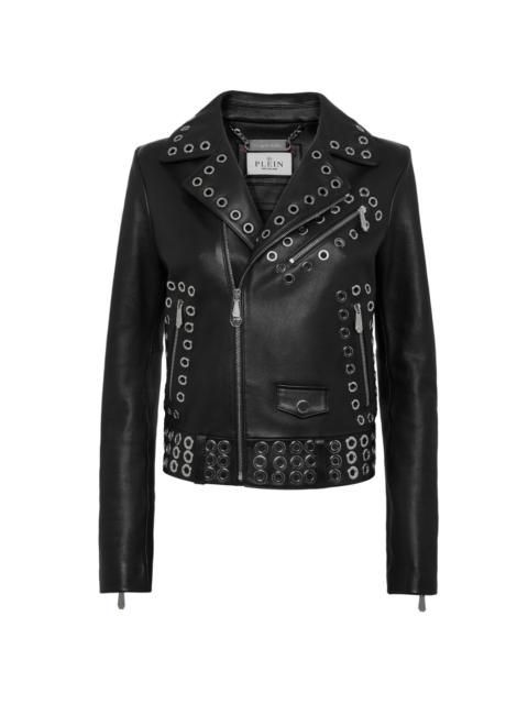 eyelet-embellished leather biker jacket