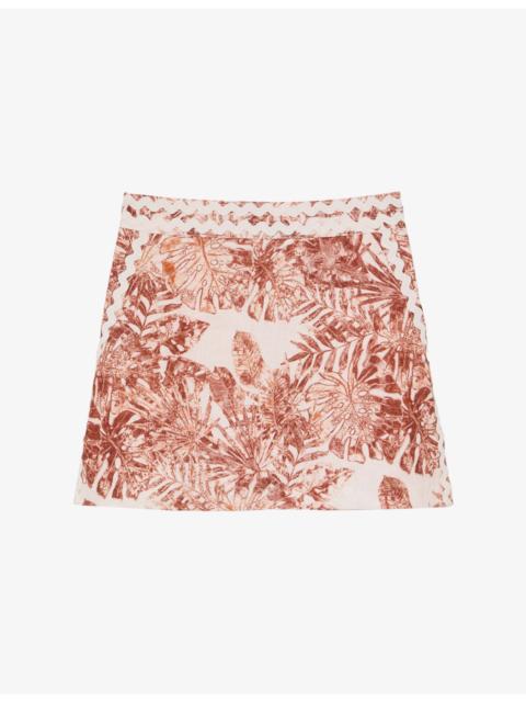 REISS Mila Tropical-Leaf Linen Mini Skirt