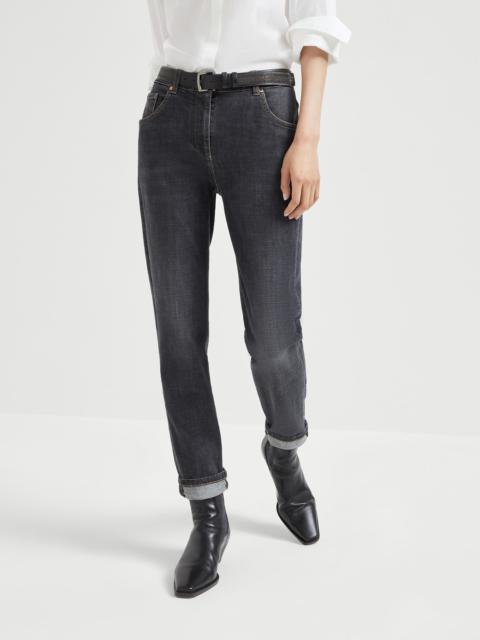 Brunello Cucinelli Stretch denim slim five-pocket trousers with shiny leather tab
