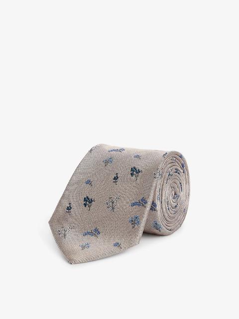 Flower-embroidered silk tie