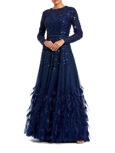 MAC DUGGAL Women's Sequin & Feather Embellished Gown - Midnight