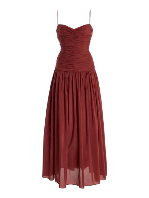 MATTEAU Gathered Cotton-Silk Drop-Waist Maxi Dress burgundy