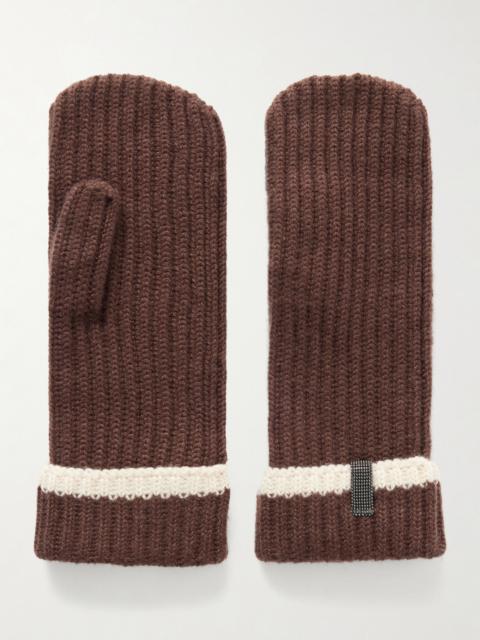 Brunello Cucinelli Bead-embellished Striped Ribbed Cashmere Mittens