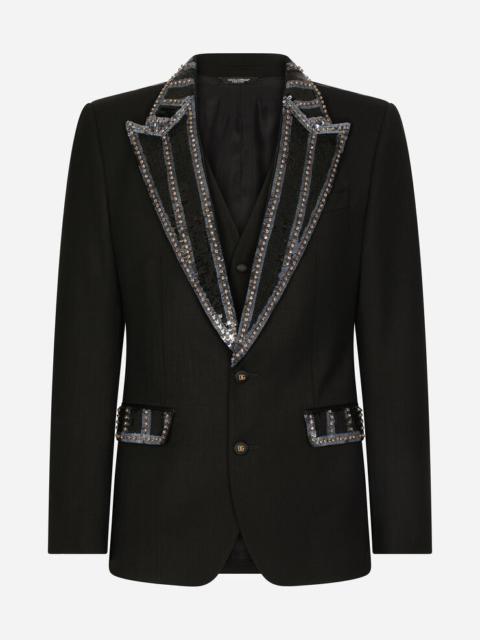 Three-piece stretch wool Sicilia-fit suit with rhinestones