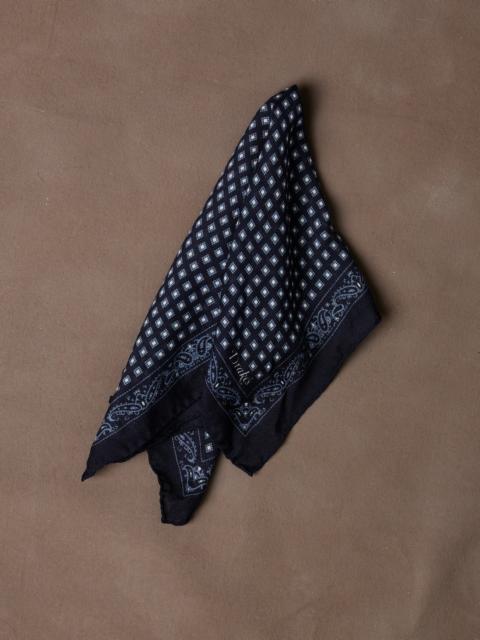 Drake's Navy Paisley Border Medallion Print Wool-Silk Pocket Square