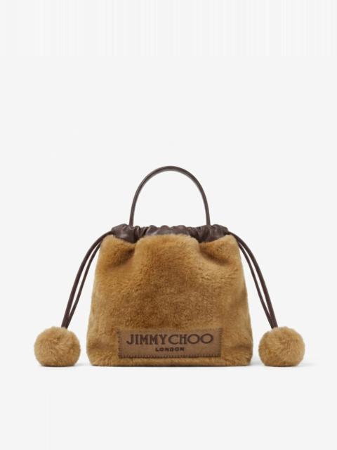 JIMMY CHOO Drawstring Pouch Top Handle Teddy and Chocolate Shearling and Nappa Leather Drawstring Pouch with Po