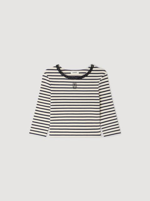 Sandro SHORT STRIPED TEE WITH BEADED COLLAR