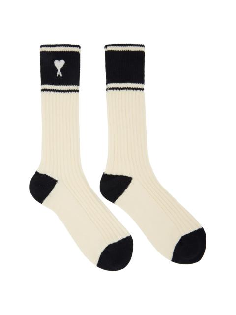 AMI Paris Off-White Cotton Ami de Coeur Striped Socks