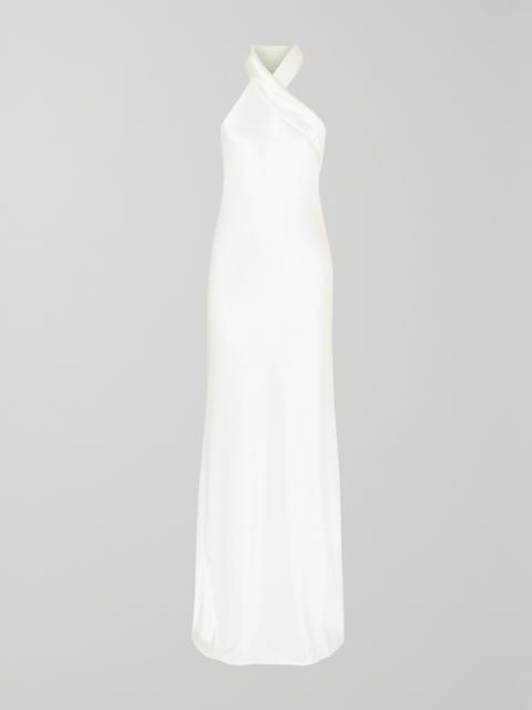 GALVAN Mayfair Halterneck Asymmetric Satin Gown