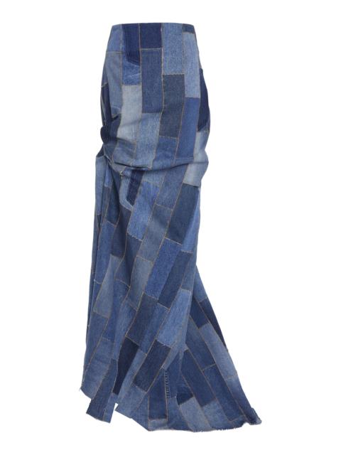 Gathered Patchwork Denim Maxi Skirt blue