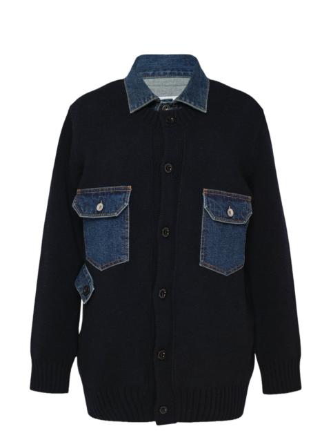 sacai Denim Contrast Wool Knit Cardigan