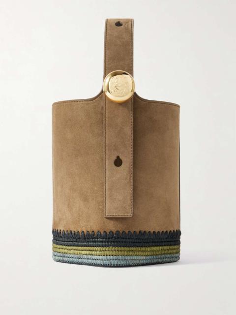 Loewe + Paula's Ibiza Pebble mini striped raffia-trimmed suede tote Brown