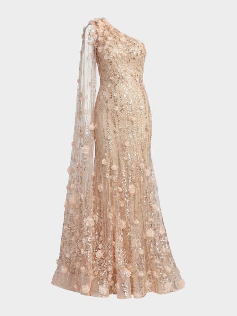 MAC DUGGAL One-Shoulder Beaded Floral Lace Trumpet Gown