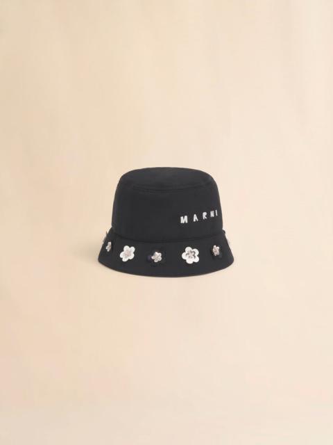 Marni BLACK TAFFETA BUCKET HAT WITH DAISY APPLIQUÉS