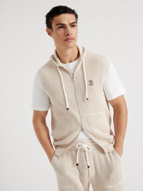 Cotton English rib sweater vest with zipper and hood
