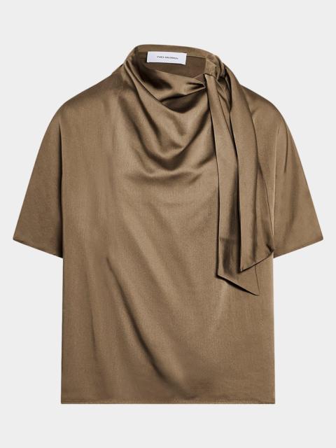 Yves Salomon Tie Cowl-Neck Satin Short-Sleeve Blouse