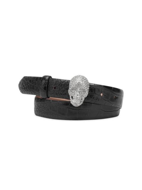 crocodile-embossed skull-buckle leather belt