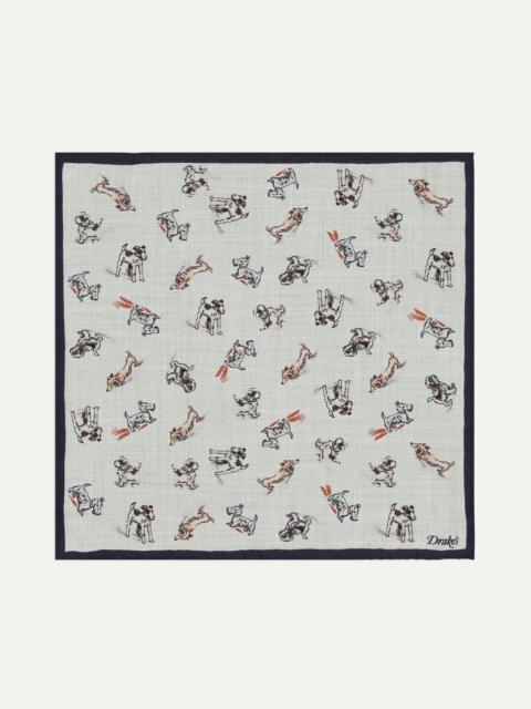 Drake's Ecru Dogs Print Wool-Silk Pocket Square