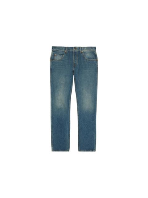 GUCCI Gucci Tapered Fit Washed Marbled Denim Jeans Stonewashed Blue