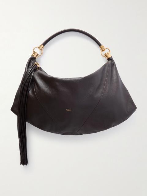 Tasseled leather shoulder bag Dark brown