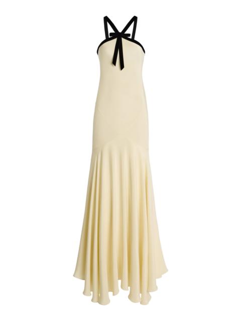 RODARTE Velvet-Trimmed Silk Crepe Maxi Halter Dress neutral