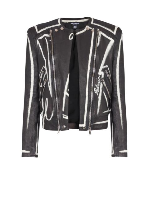 Balmain Leather biker jacket with "Love Letter" print