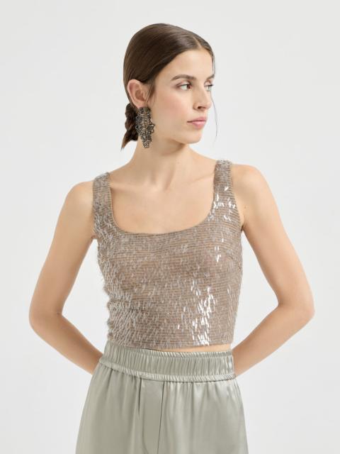 Dazzling cascade embroidery cropped top in crispy silk