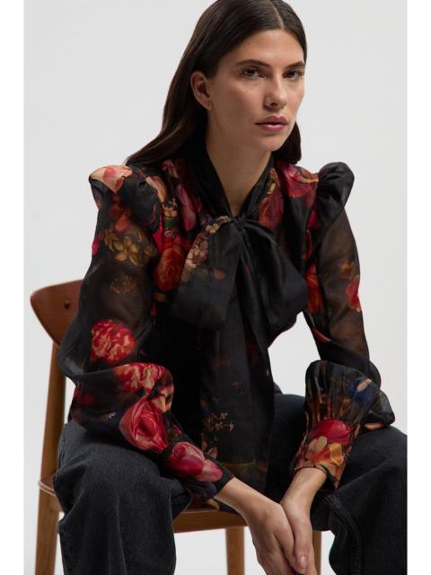 KAREN MILLEN Floral Print Organdie Tie Neck Woven Blouse