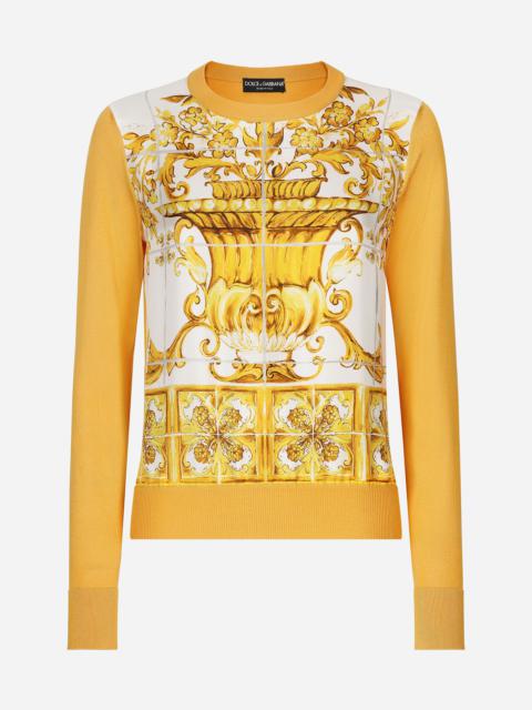 Silk sweater with majolica-print silk twill panel on the front