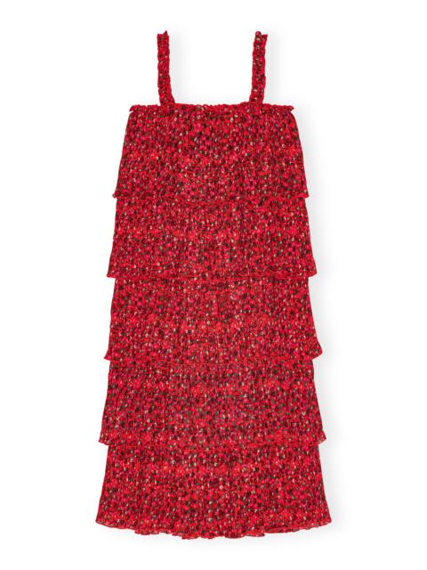 RED PLEATED GEORGETTE FLOUNCE STRAP MIDI DRESS
