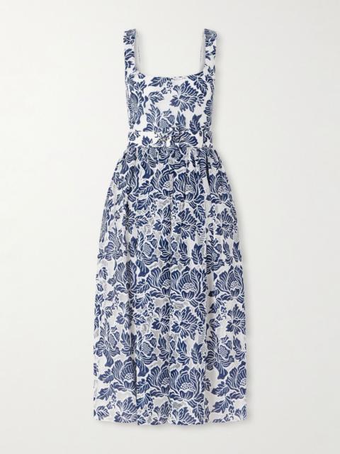 BORGO DE NOR Mackenzie belted lace-paneled cotton-blend midi dress Royal blue