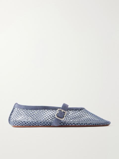 Alaïa La Ballerine crystal-embellished suede-trimmed mesh ballet flats Blue