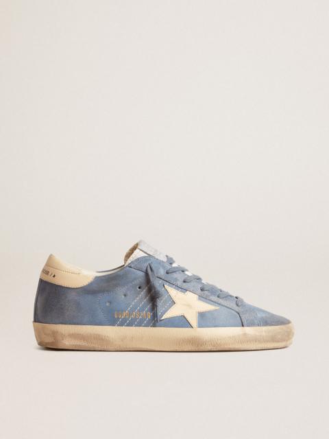 Super-Star in light blue suede with beige leather star and heel tab